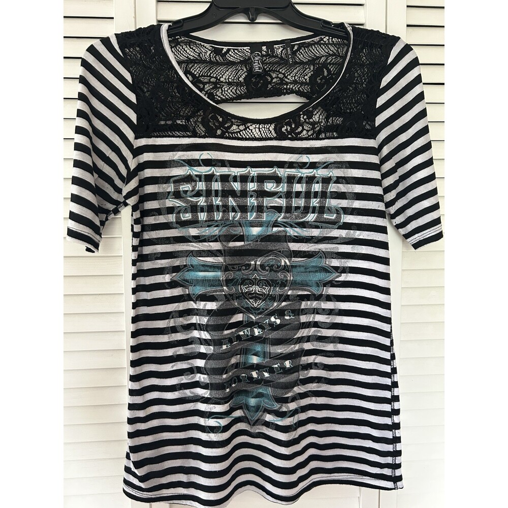Affliction Sinful Shirt Sz Large ,Open Cut Back, Crochet Details, Black Stripe